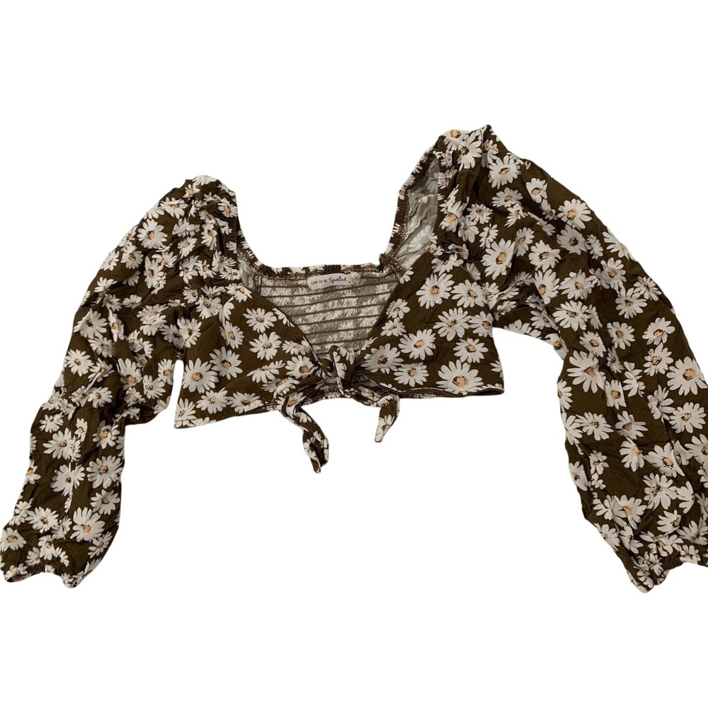 Daisy womens Crop Top S Brown dainty Floral Smocked‎ Puff Sleeve Cottagecore
